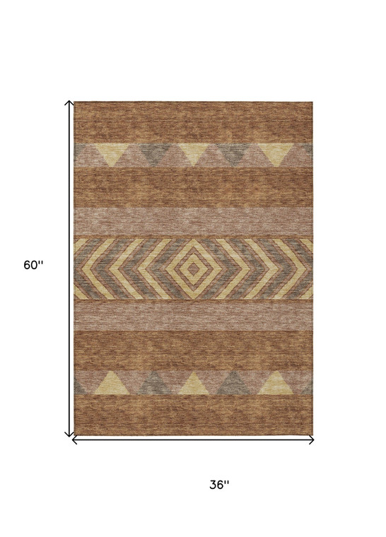 3' X 5' Orange Wheat And Taupe Southwestern Washable Indoor Outdoor Area Rug