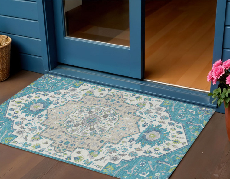 3' X 5' Teal Blue Green And Ivory Oriental Washable Indoor Outdoor Area Rug