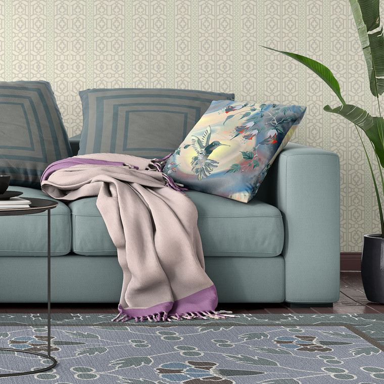 18" X 18" Blue and Yellow Bird Blown Seam Floral Indoor Outdoor Throw Pillow Polyester and Cotton Blend