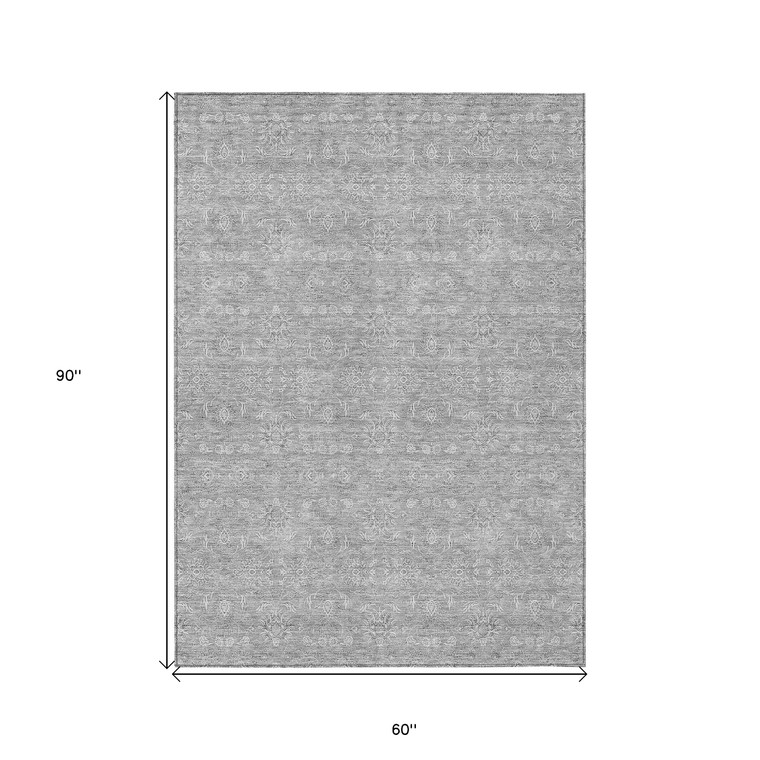 5' X 8' Gray Silver And Ivory Floral Washable Indoor Outdoor Area Rug - Gray, Silver, Ivory