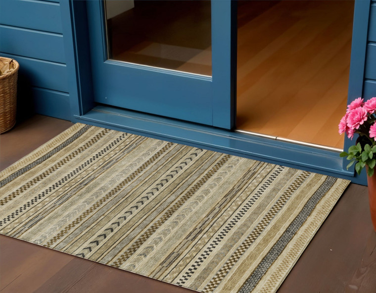 3' X 5' Chocolate And Taupe Striped Washable Indoor Outdoor Area Rug