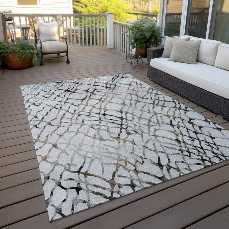 5' X 8' Silver Gray And Charcoal Abstract Washable Indoor Outdoor Area Rug