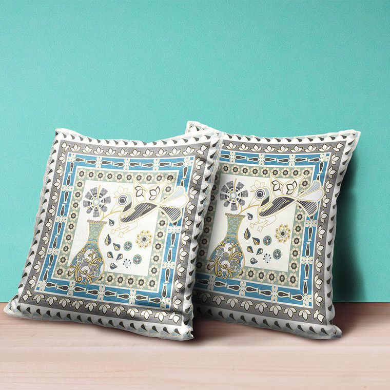 16" x 16" Off White Peacock Blown Seam Floral Indoor Outdoor Throw Pillow Home Accent