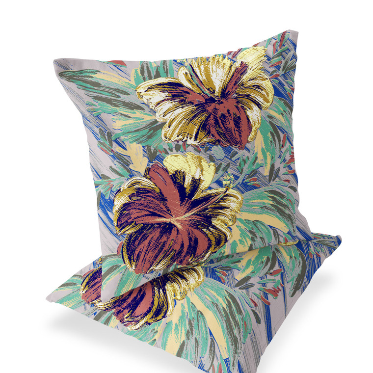 Set of Two 16" X 16" Green and Yellow Blown Seam Floral Indoor Outdoor Throw Pillow Polyester Home Accent