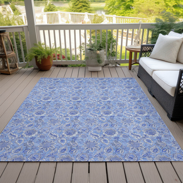 5' X 8' Navy Blue And Denim Blue Floral Washable Indoor Outdoor Area Rug - Navy Blue, Denim Blue