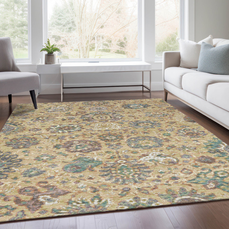 5' X 8' Gold Beige And Pale Aqua Floral Washable Indoor Outdoor Area Rug