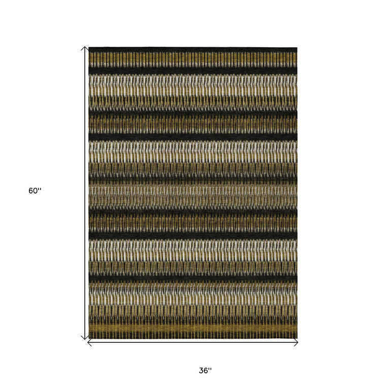 3' X 5' Brown Ivory And Black Striped Washable Indoor Outdoor Area Rug
