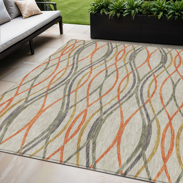 5' X 8' Orange Ivory And Gray Abstract Washable Indoor Outdoor Area Rug