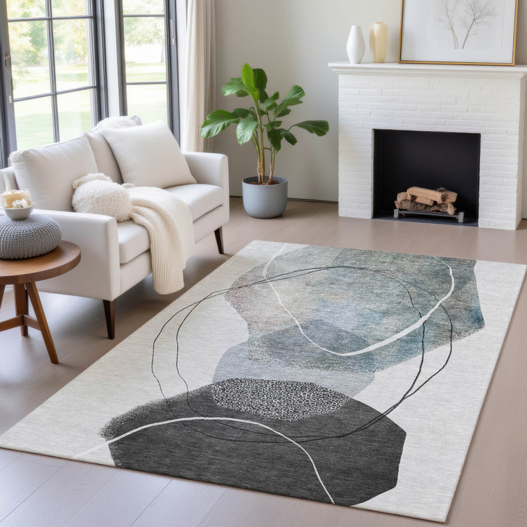 5' X 8' Ivory And Gray Abstract Washable Indoor Outdoor Area Rug - 880016526097