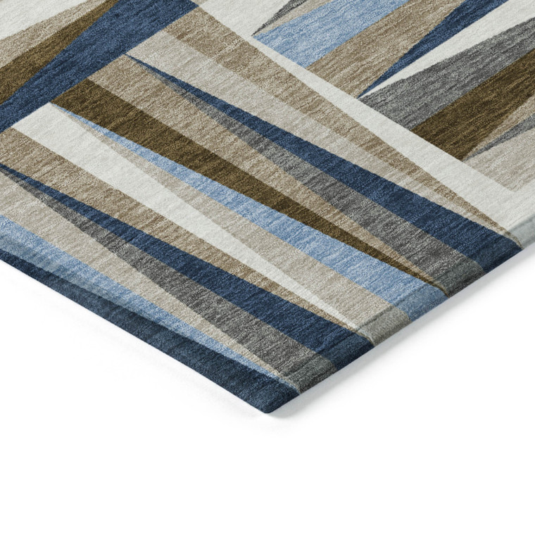 3' X 5' Navy Blue Brown And Beige Geometric Washable Indoor Outdoor Area Rug