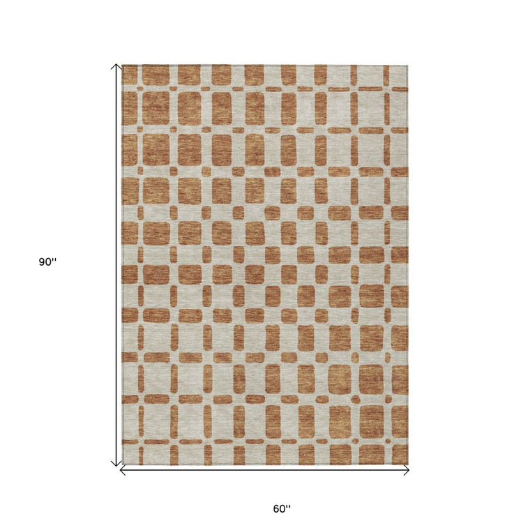 5' X 8' Terra Cotta And Beige Geometric Washable Indoor Outdoor Area Rug