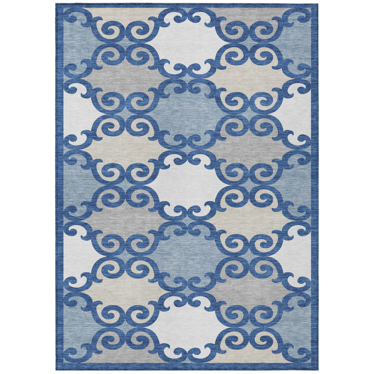 5' X 8' Navy Blue Gray And Ivory Trellis Washable Indoor Outdoor Area Rug