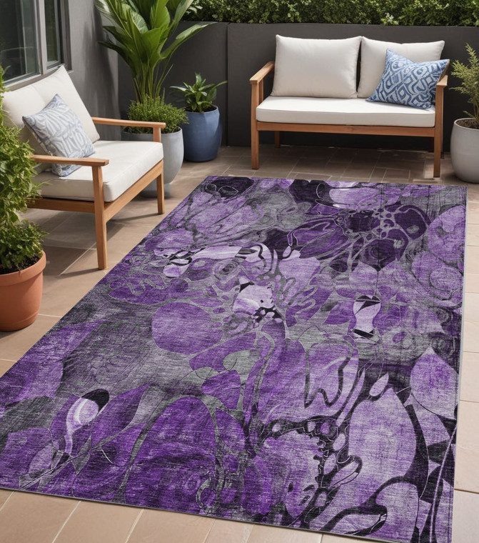 5' X 8' Purple Abstract Washable Indoor Outdoor Area Rug