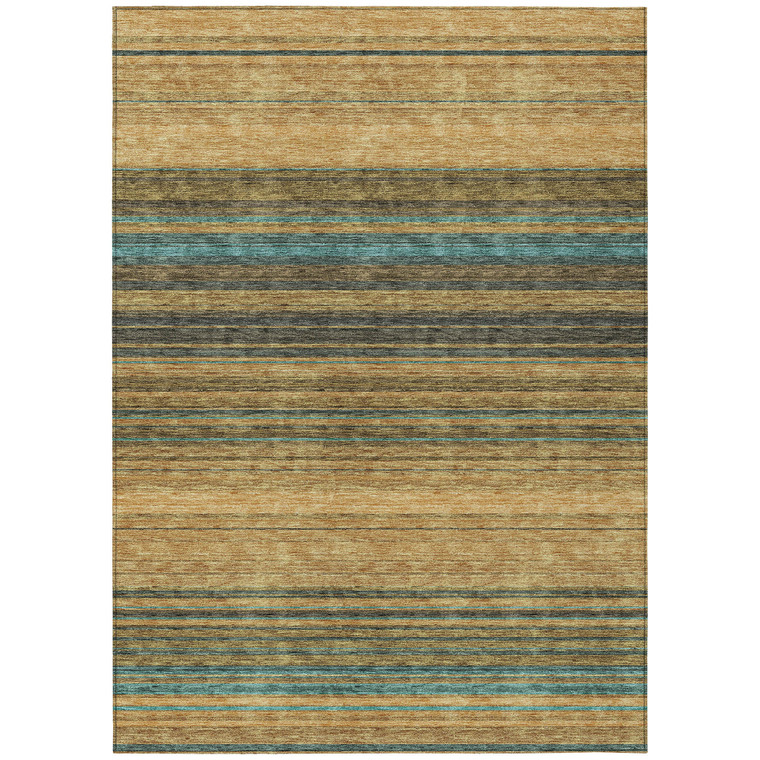 3' X 5' Wheat Brown And Teal Blue Striped Washable Indoor Outdoor Area Rug