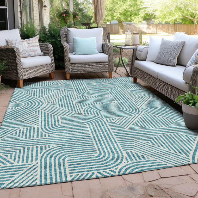 5' X 8' Teal Blue And Ivory Abstract Washable Indoor Outdoor Area Rug - 608219153588
