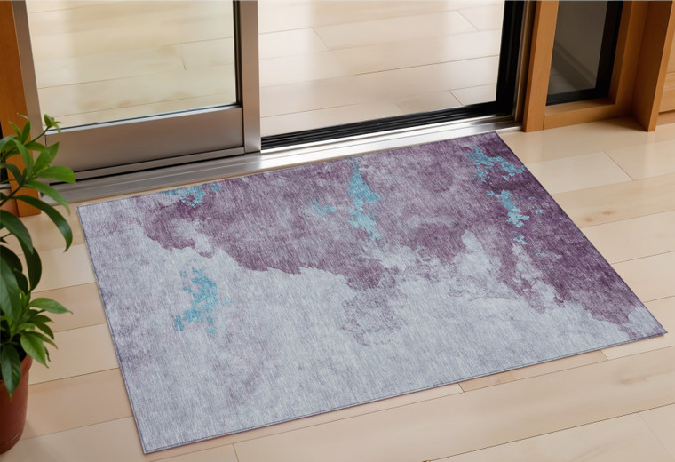 3' X 5' Lavender And Teal Blue Abstract Washable Indoor Outdoor Area Rug - 880016616897