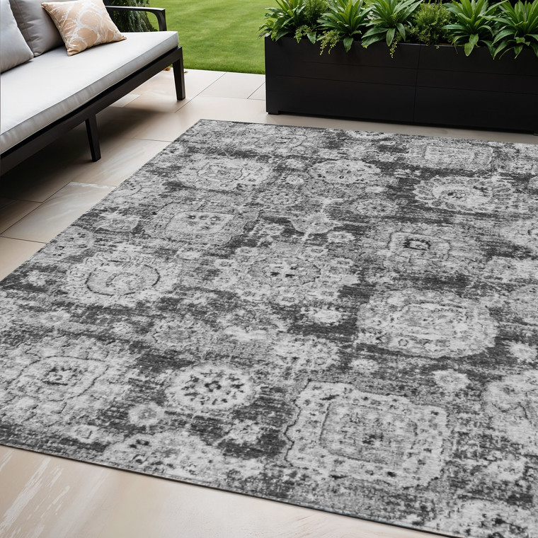5' X 8' Gray Charcoal And Silver Floral Washable Indoor Outdoor Area Rug - Gray, Charcoal, Silver