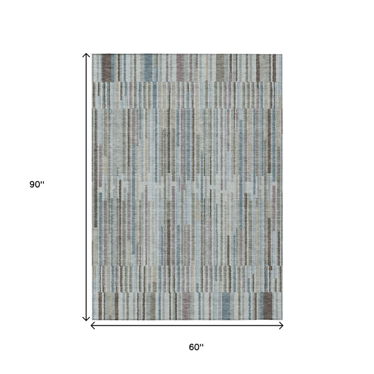 5' X 8' Teal Blue And Brown Striped Washable Indoor Outdoor Area Rug - Teal Blue, Brown