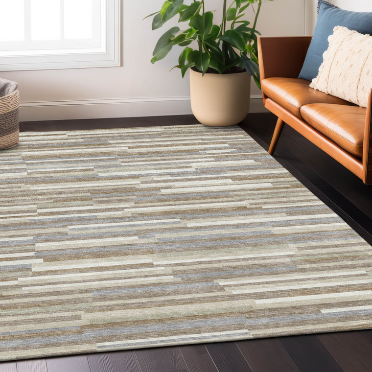 5' X 8' Taupe Gray And Ivory Striped Washable Indoor Outdoor Area Rug - Taupe, Gray, Ivory
