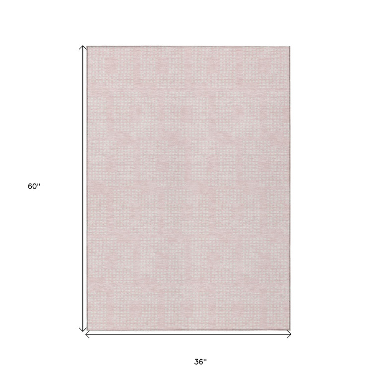 3' X 5' Pink And Ivory Geometric Washable Indoor Outdoor Area Rug Transitional Style - Pink, Ivory Color