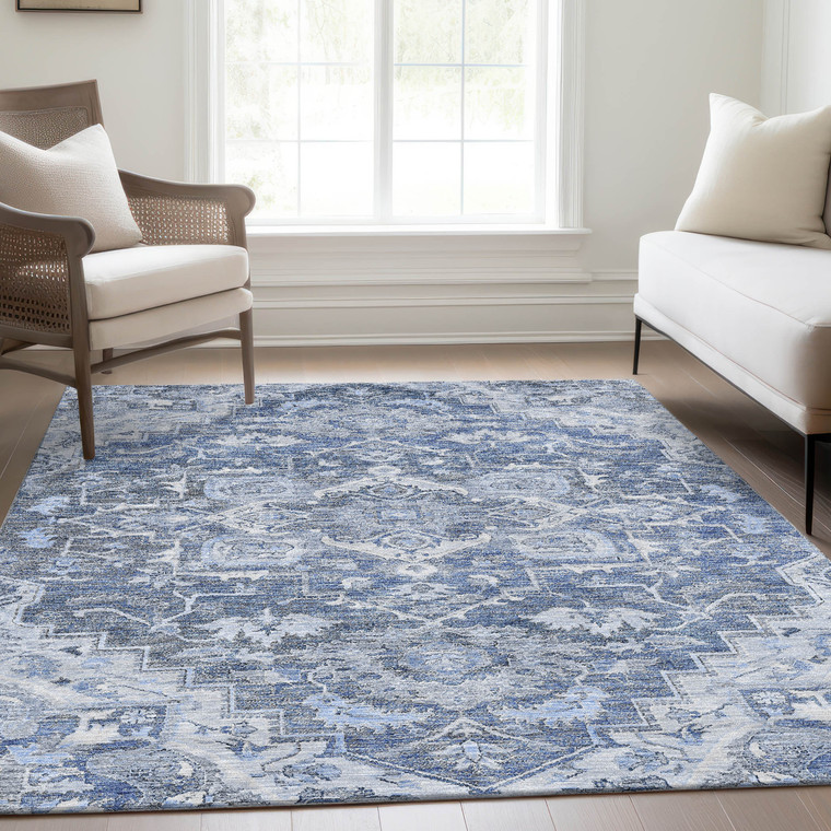3' X 5' Denim Blue And Sky Blue Oriental Washable Indoor Outdoor Area Rug