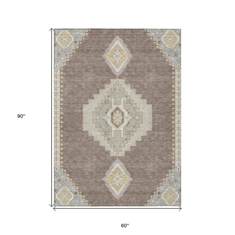 5' X 8' Taupe Gray And Ivory Oriental Washable Indoor Outdoor Area Rug