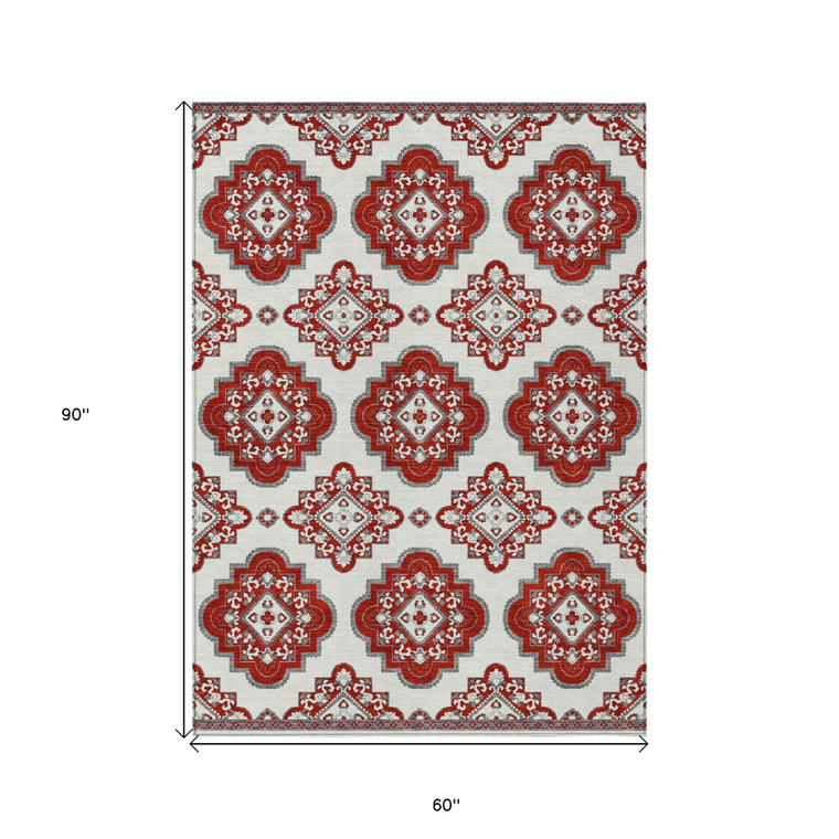 5' X 8' Red And Beige Medallion Washable Indoor Outdoor Area Rug