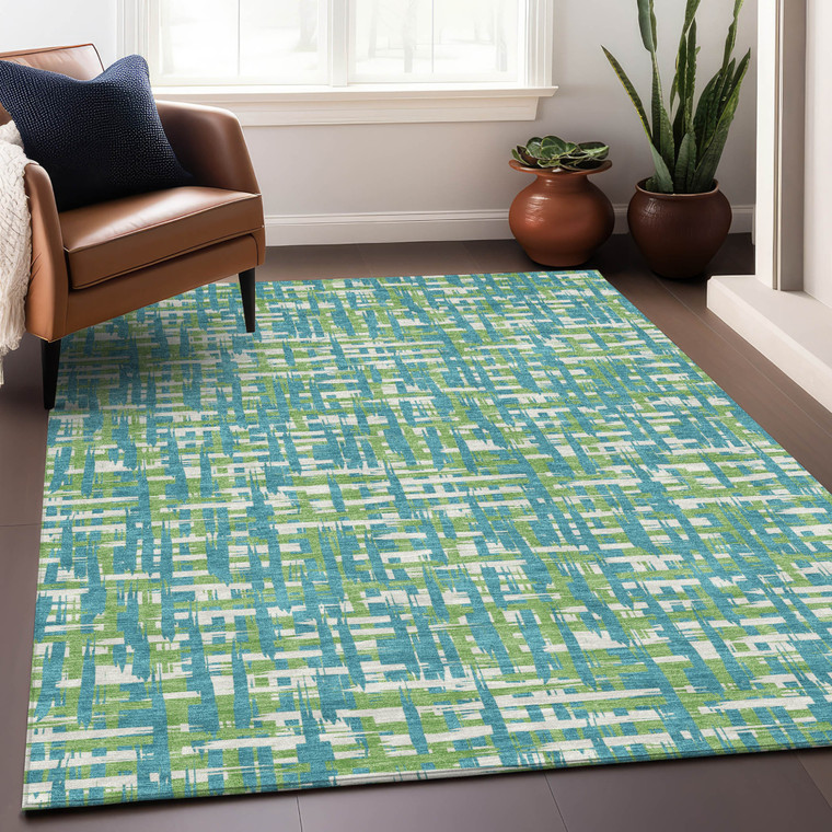 3' X 5' Turquoise Green And Ivory Abstract Washable Indoor Outdoor Area Rug