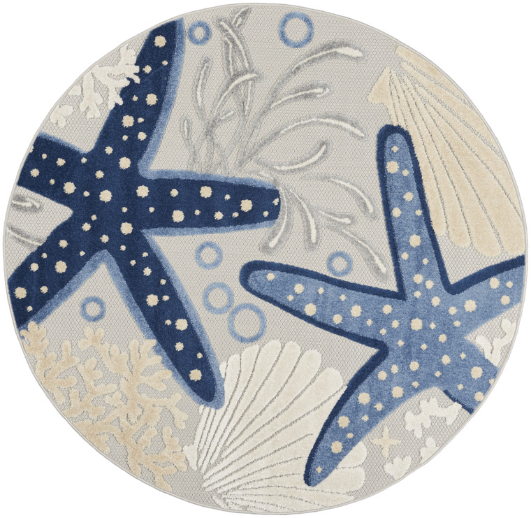 5' Navy Blue And Gray Round Starfish Indoor Outdoor Area Rug