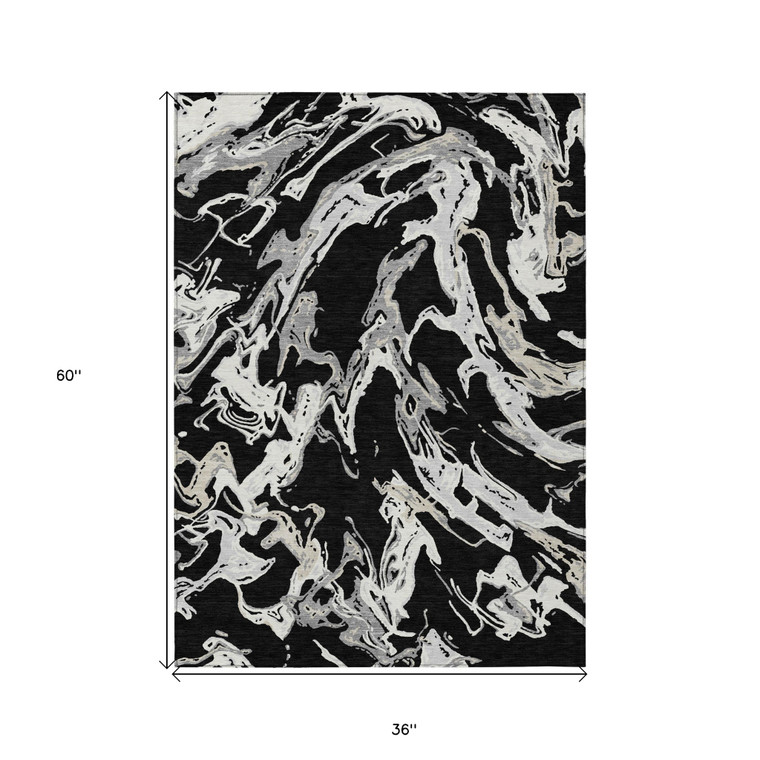 3' X 5' Black And Gray Abstract Washable Indoor Outdoor Area Rug - Black, Gray