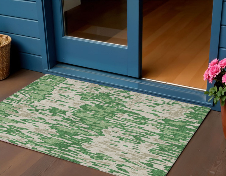 3' X 5' Green And Gray Striped Washable Indoor Outdoor Area Rug - Green, Gray
