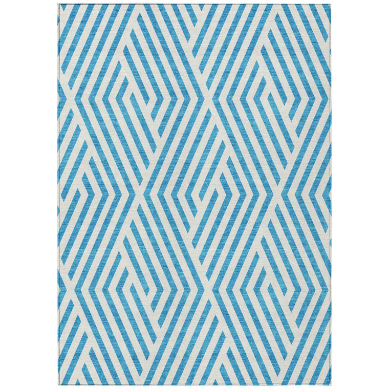 5' X 8' Teal and White Geometric Washable Non Skid Indoor Outdoor Area Rug