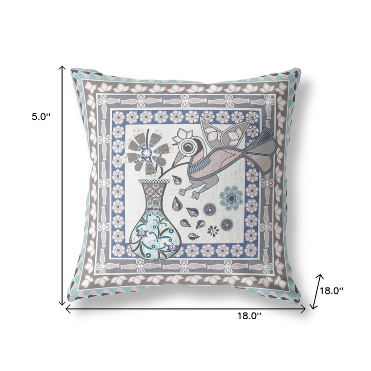 18" x 18" Blue and Gray Peacock Blown Seam Floral Indoor Outdoor Throw Pillow Home Accent