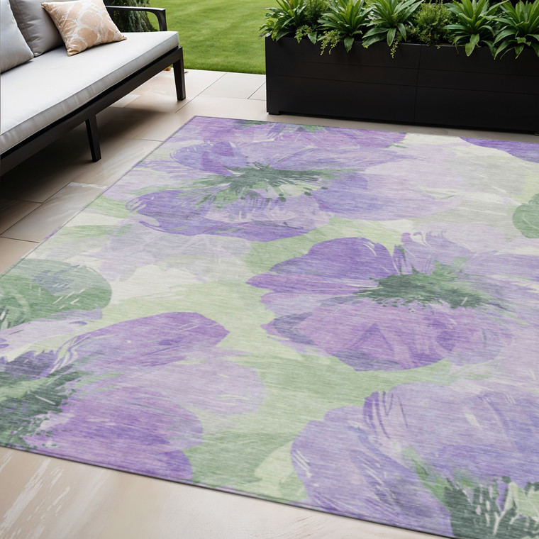 5' X 8' Lavender And Artichoke Green Floral Washable Indoor Outdoor Area Rug - 880016676068