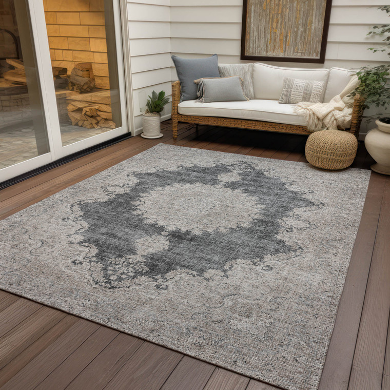 5' X 8' Black And Ivory Oriental Washable Indoor Outdoor Area Rug