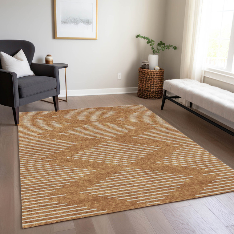 3' X 5' Copper And Beige Geometric Washable Indoor Outdoor Area Rug Transitional Style - Copper, Beige Color