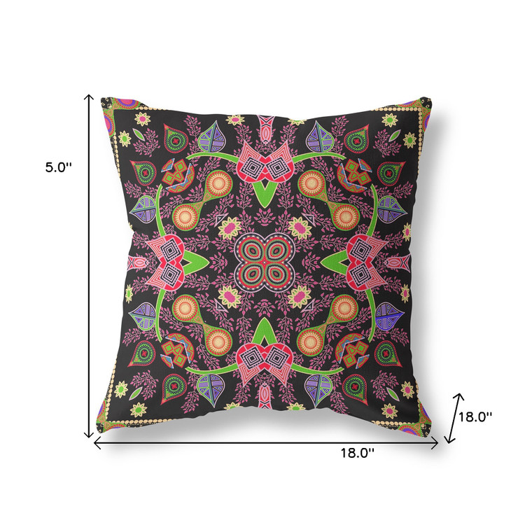 18" x 18" Black and Pink Blown Seam Paisley Indoor Outdoor Throw Pillow