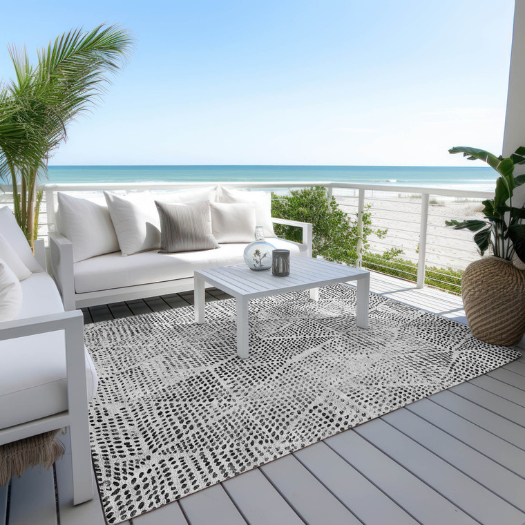 5' X 8' Pewter Charcoal And Ivory Geometric Washable Indoor Outdoor Area Rug