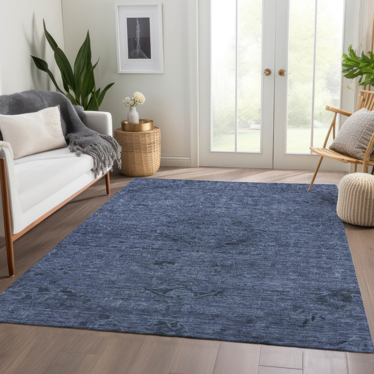 3' X 5' Navy Blue And Charcoal Floral Washable Indoor Outdoor Area Rug - Navy Blue, Charcoal