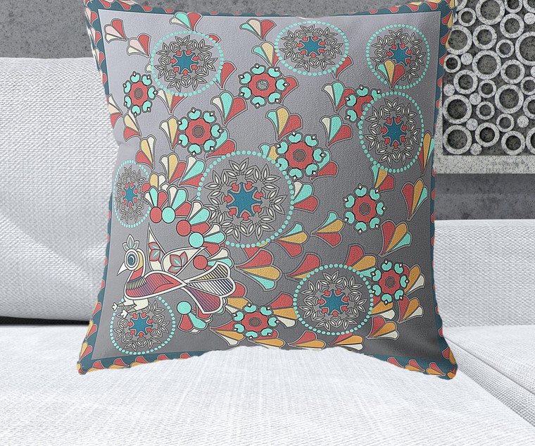 26" x 26" Gray Peacock Blown Seam Floral Indoor Outdoor Throw Pillow