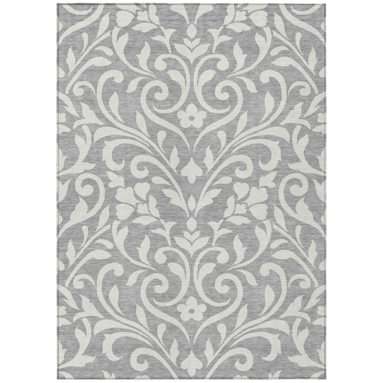 3' X 5' Gray And Ivory Floral Washable Indoor Outdoor Area Rug