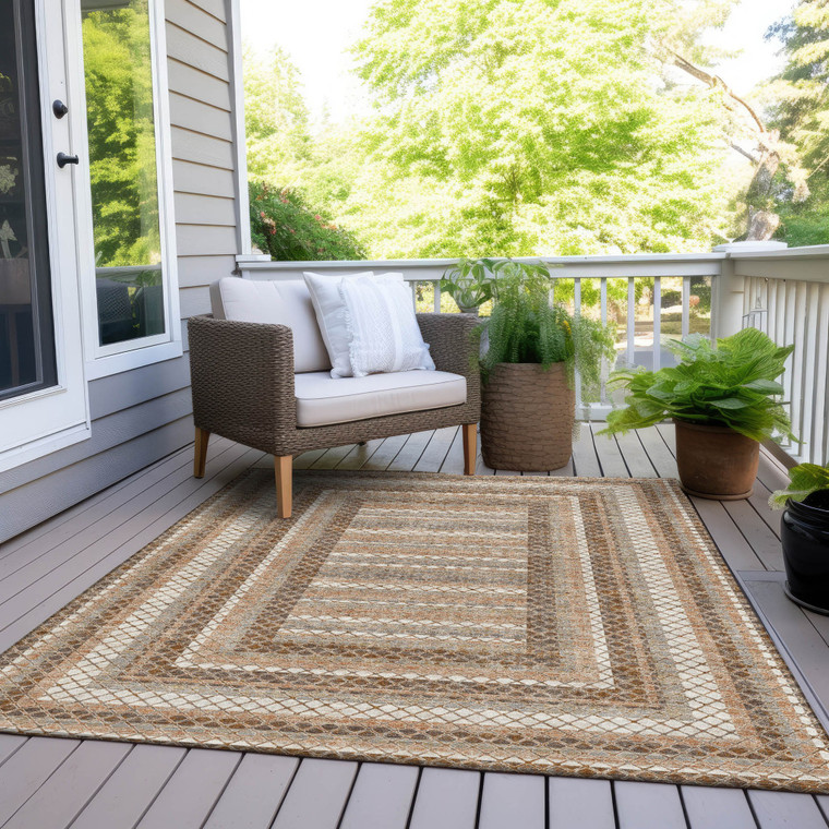 5' X 8' Chocolate And Beige Geometric Washable Indoor Outdoor Area Rug - Chocolate, Beige