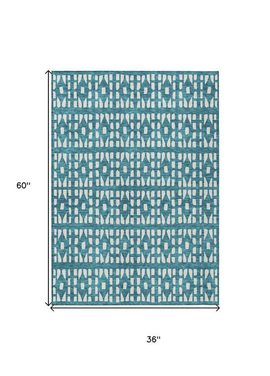 3' X 5' Teal Blue And Ivory Geometric Washable Indoor Outdoor Area Rug - Teal Blue, Ivory