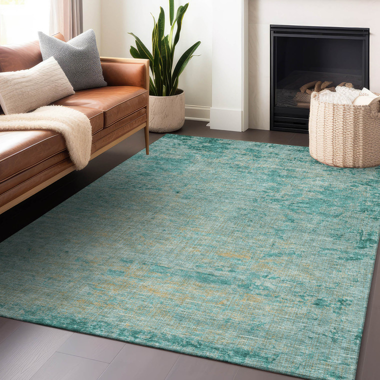 5' X 8' Teal Blue And Wheat Abstract Washable Indoor Outdoor Area Rug