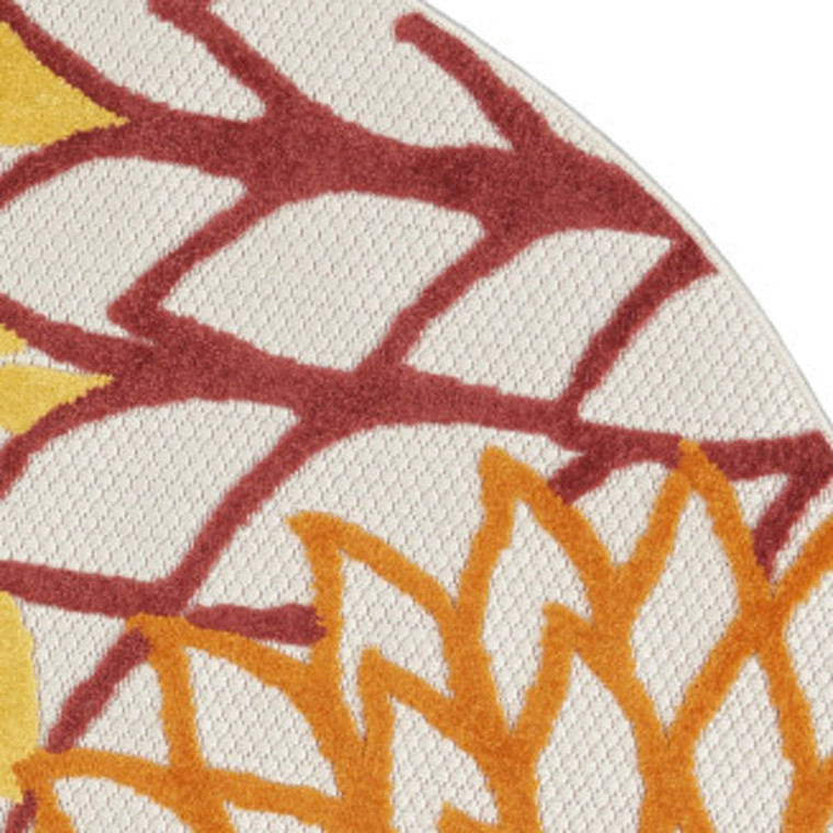 4' Red Green Orange Yellow And Ivory Round Floral Indoor Outdoor Area Rug