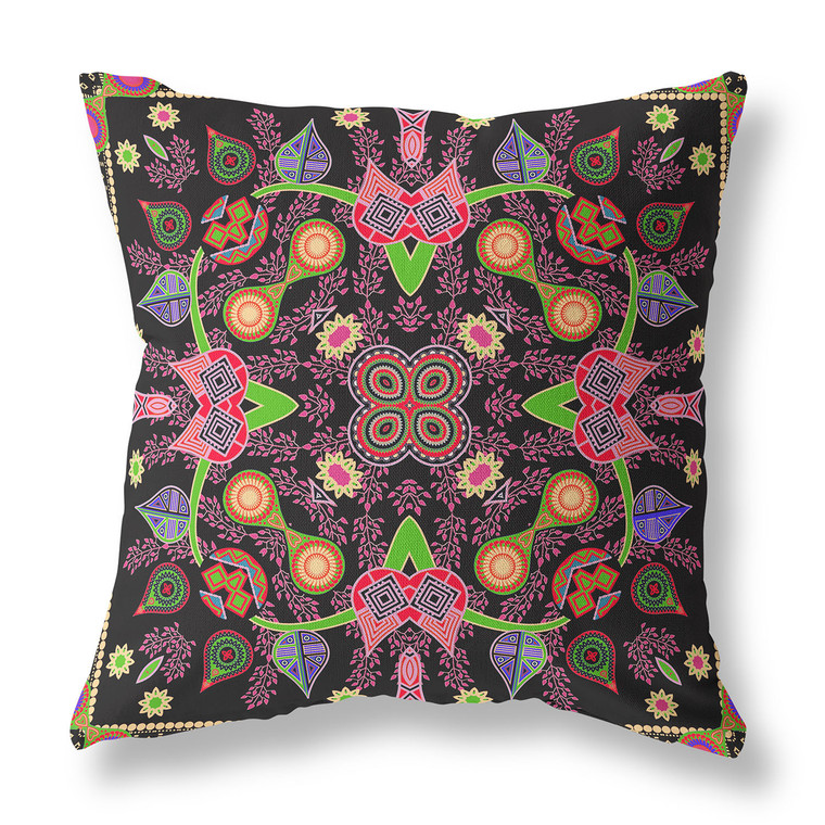 16" x 16" Black and Pink Blown Seam Paisley Indoor Outdoor Throw Pillow