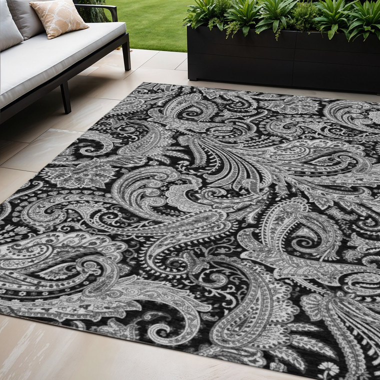 5' X 8' Black Gray And White Paisley Washable Indoor Outdoor Area Rug