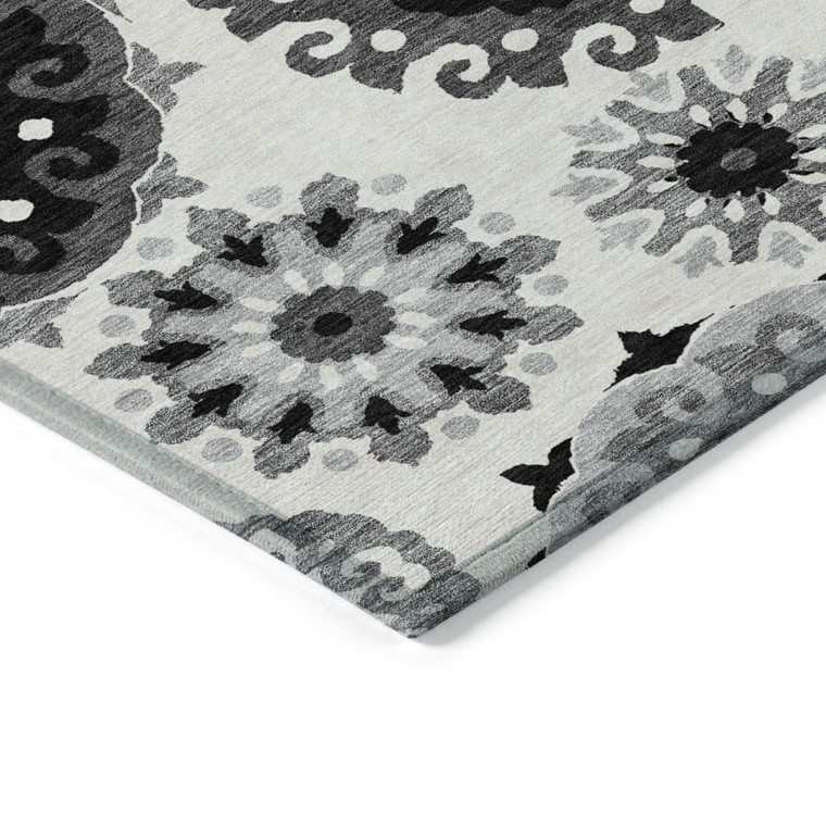 3' X 5' Black Gray And Silver Floral Medallion Washable Indoor Outdoor Area Rug - Black, Gray, Silver