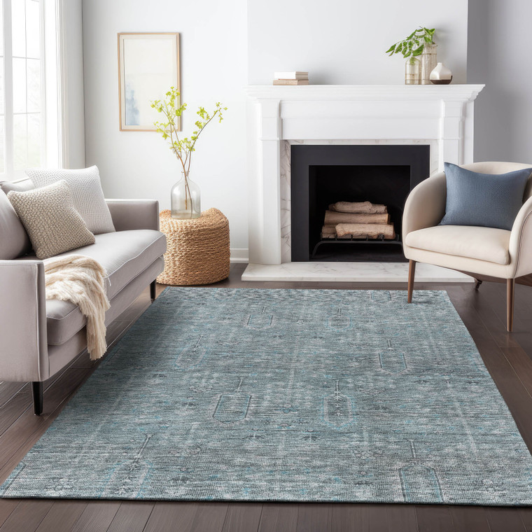 5' X 8' Teal Blue And Gray Southwestern Washable Indoor Outdoor Area Rug