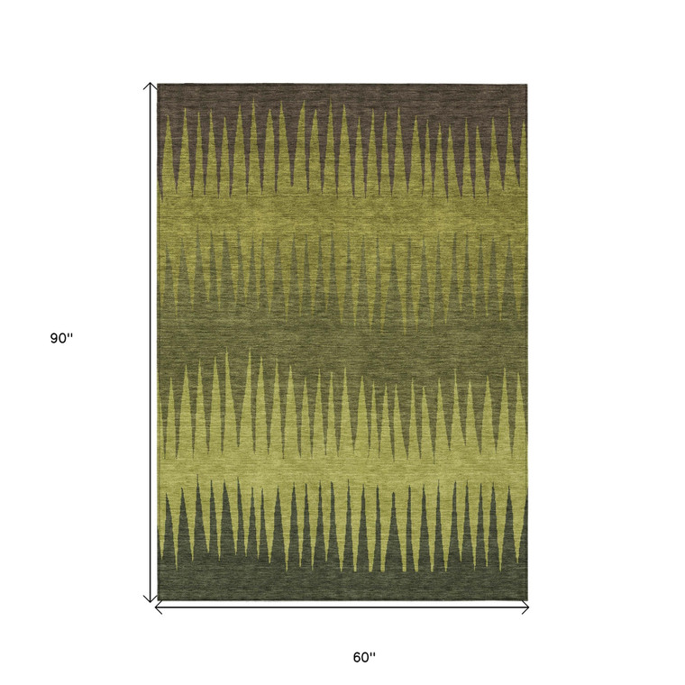 5' X 8' Olive Green Dark Green And Brown Striped Washable Indoor Outdoor Area Rug